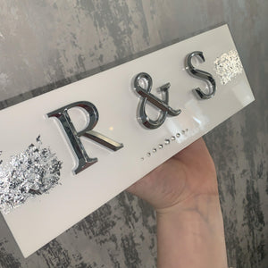 white acrylic plaque - with chrome 3d initials