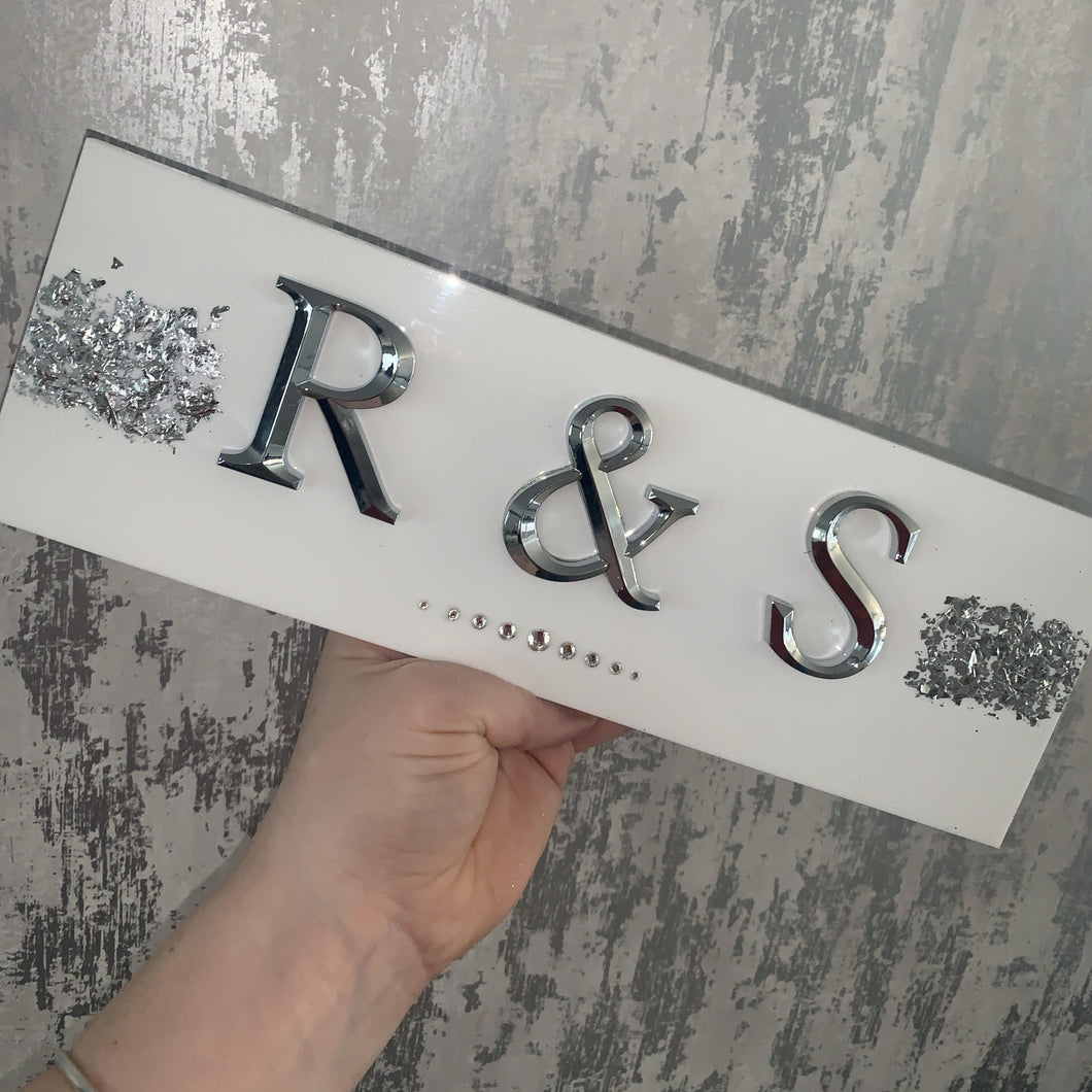 white acrylic plaque - with chrome 3d initials